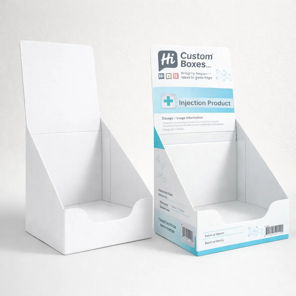 Cardboard counter display boxes for injection products with a high back header for retail branding. class=